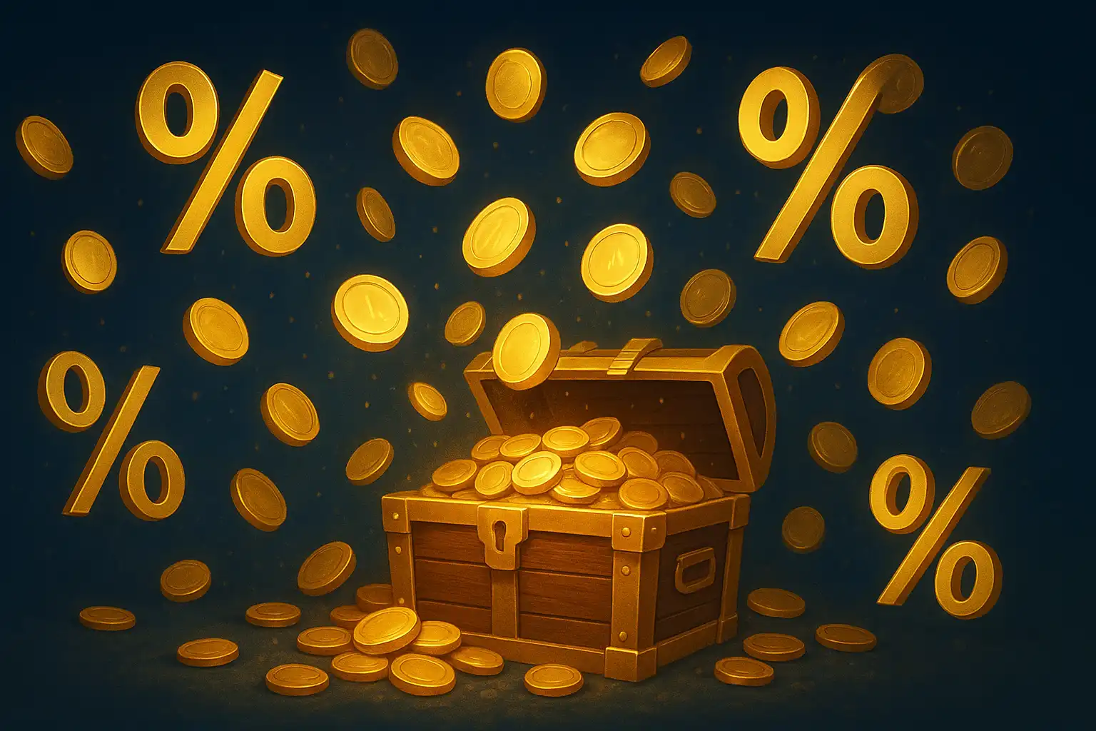 Golden bonus coins and a percentage symbol representing casino welcome offers