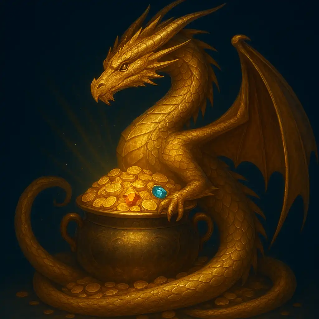 Illustration of a golden dragon guarding a treasure pot, the Dragon Pots Casino mascot